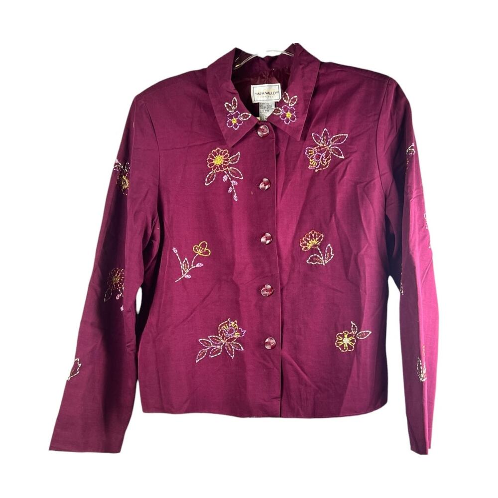 Vintage 90s Embroidered Rayon Blazer Top Burgundy Petite Medium Romance Boho - Picture 2 of 4